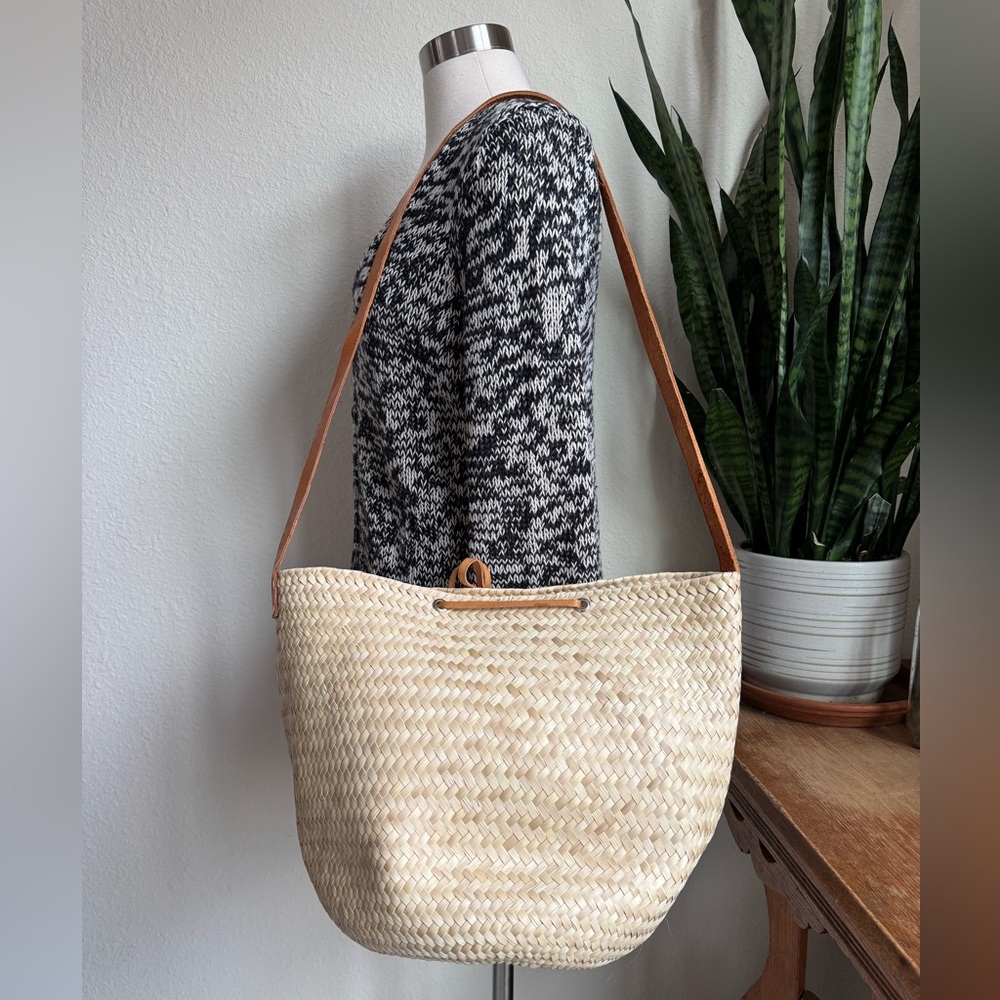 Woven Straw Shoulder Tote Bag with Leather Trim - Natural - Picture 3 of 12